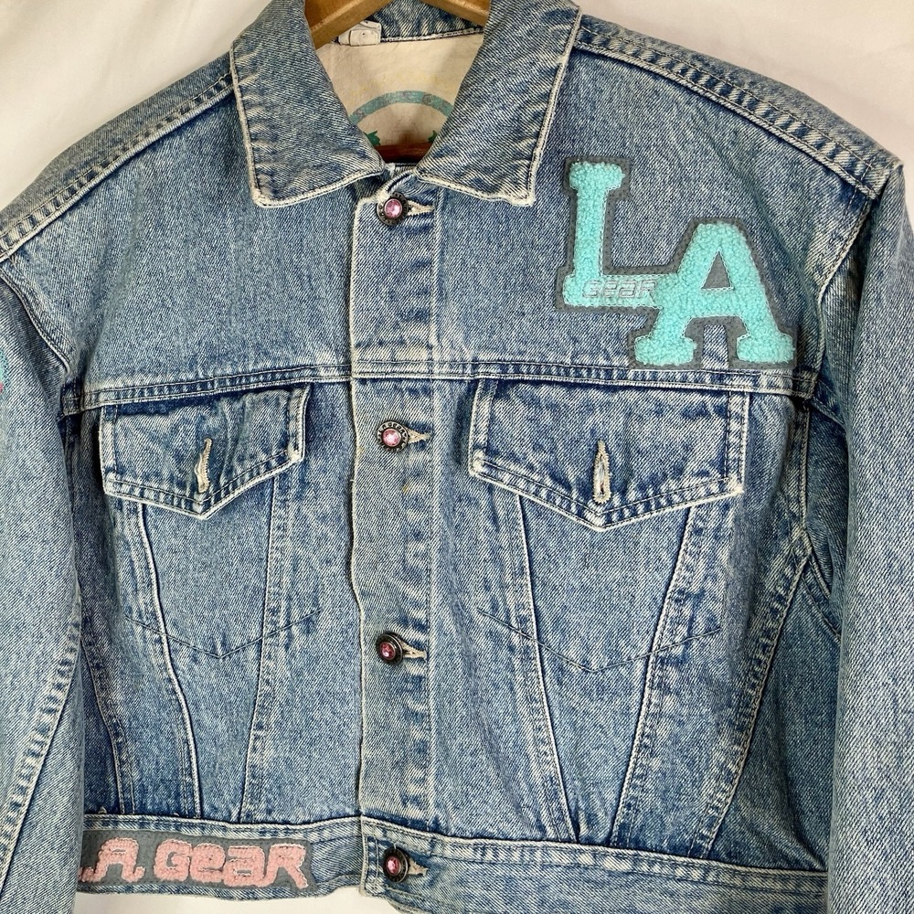 Vintage L.A. Gear Denim Jacket Cropped 80s 90s Logo Patch Teal Pink Y2K Style M - Picture 9 of 16